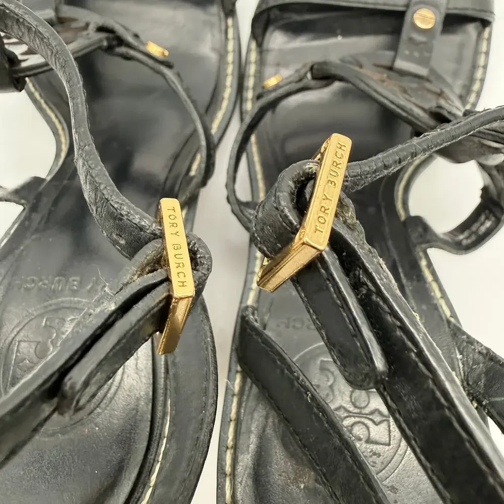 Tory Burch Leather Wedge Sandals Black Cutout Gold Studs Size 8M Summer Resort
